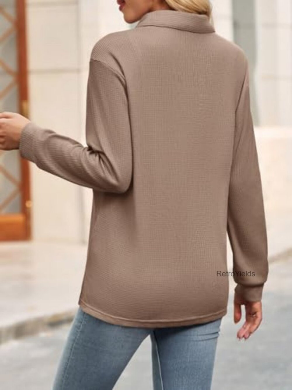 Waffle Knit Button Down Shirt Long Sleeve V Neck Blouse Loose Fit Work Top - Picture 3 of 7